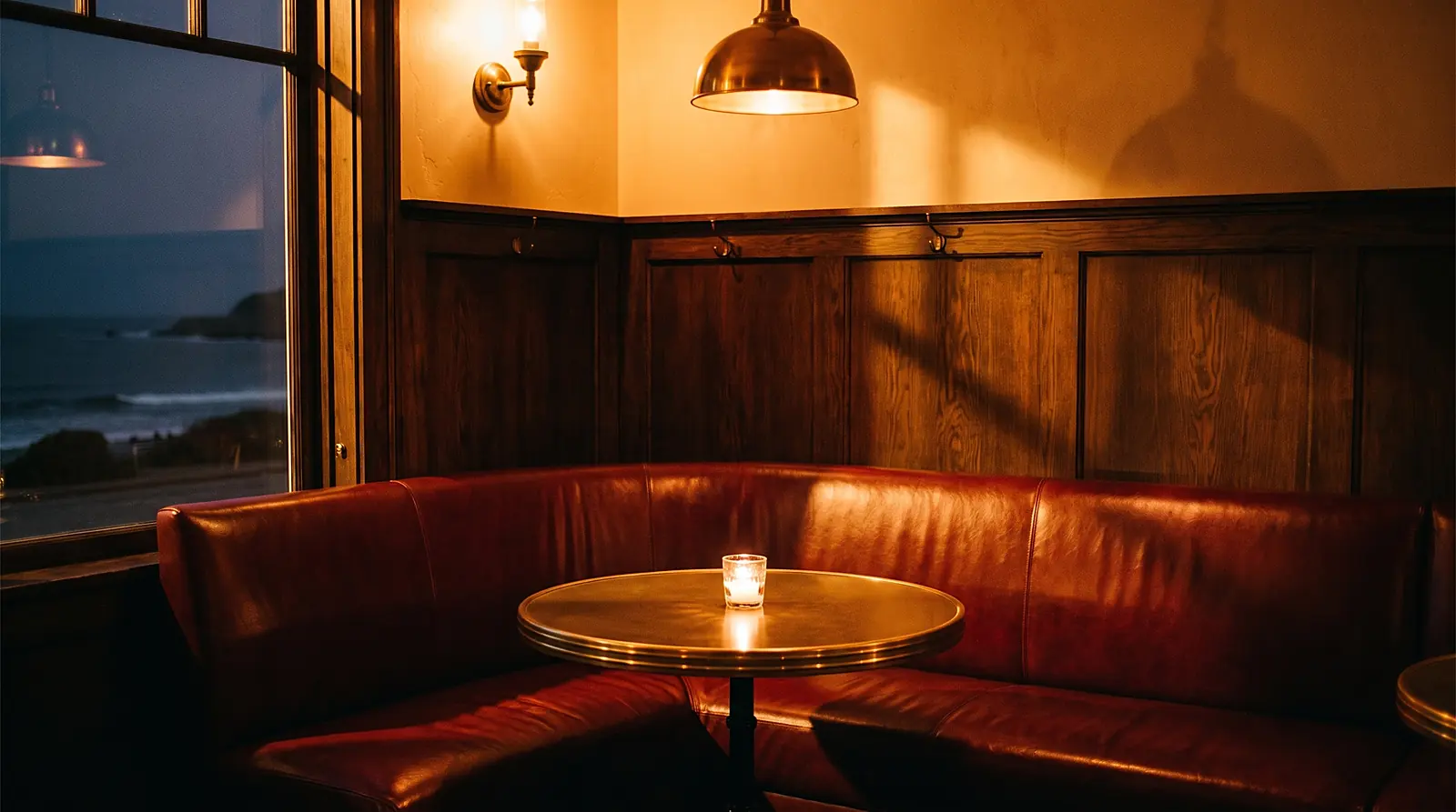 Tidemark's booth corner at night, oxblood leather banquette lit by a single candle