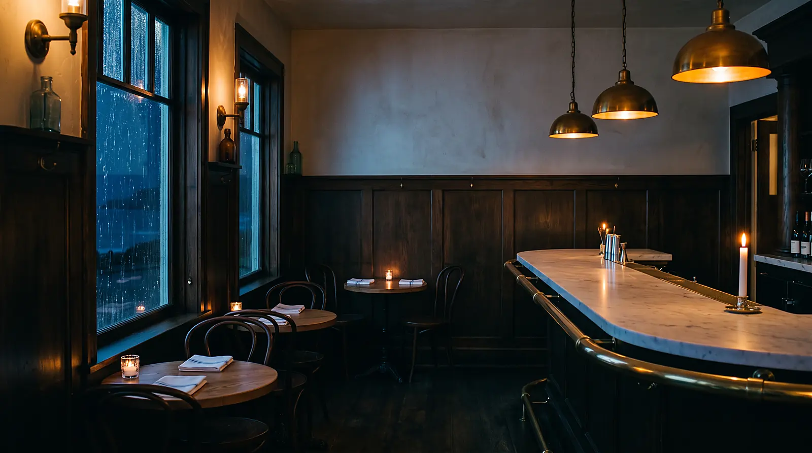 Tidemark's dining room at night, rain on the windows, lit by brass pendant lamps