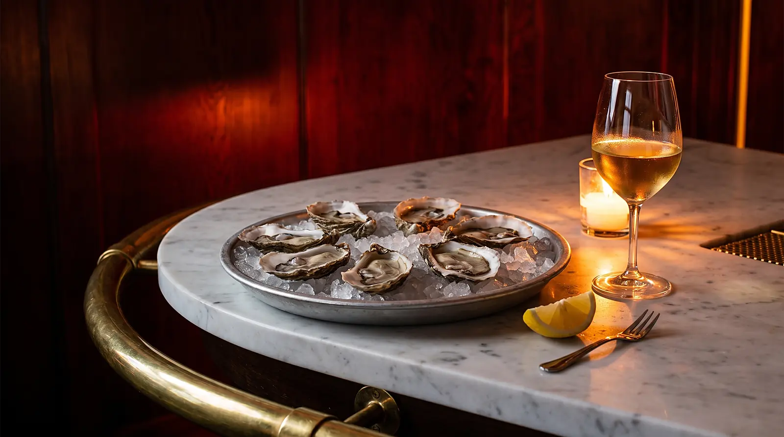 Oysters on crushed ice and a glass of wine on Tidemark's marble bar, lit by candlelight