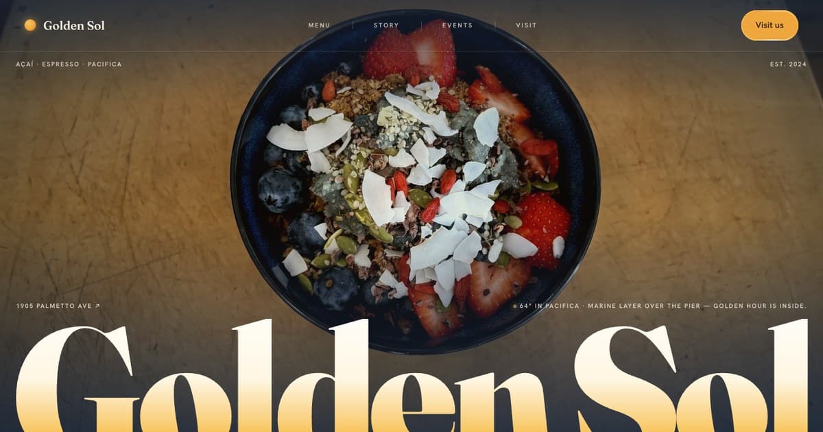 Golden Sol Wellness Bar — their açaí bowl under a bleeding Golden Sol wordmark