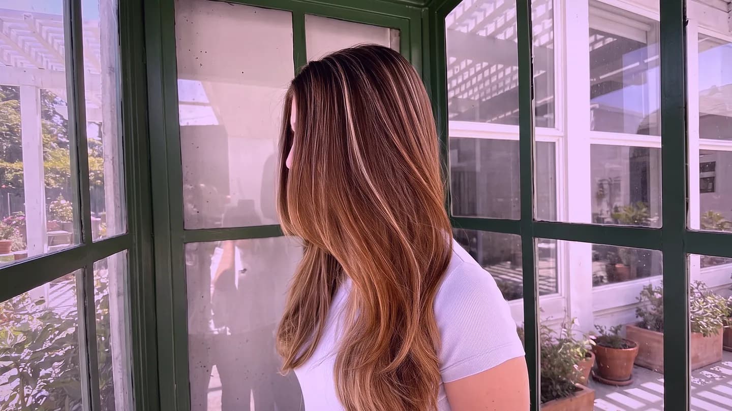 Tyce's work — long honey-dimensional hair, photographed in a greenhouse doorway